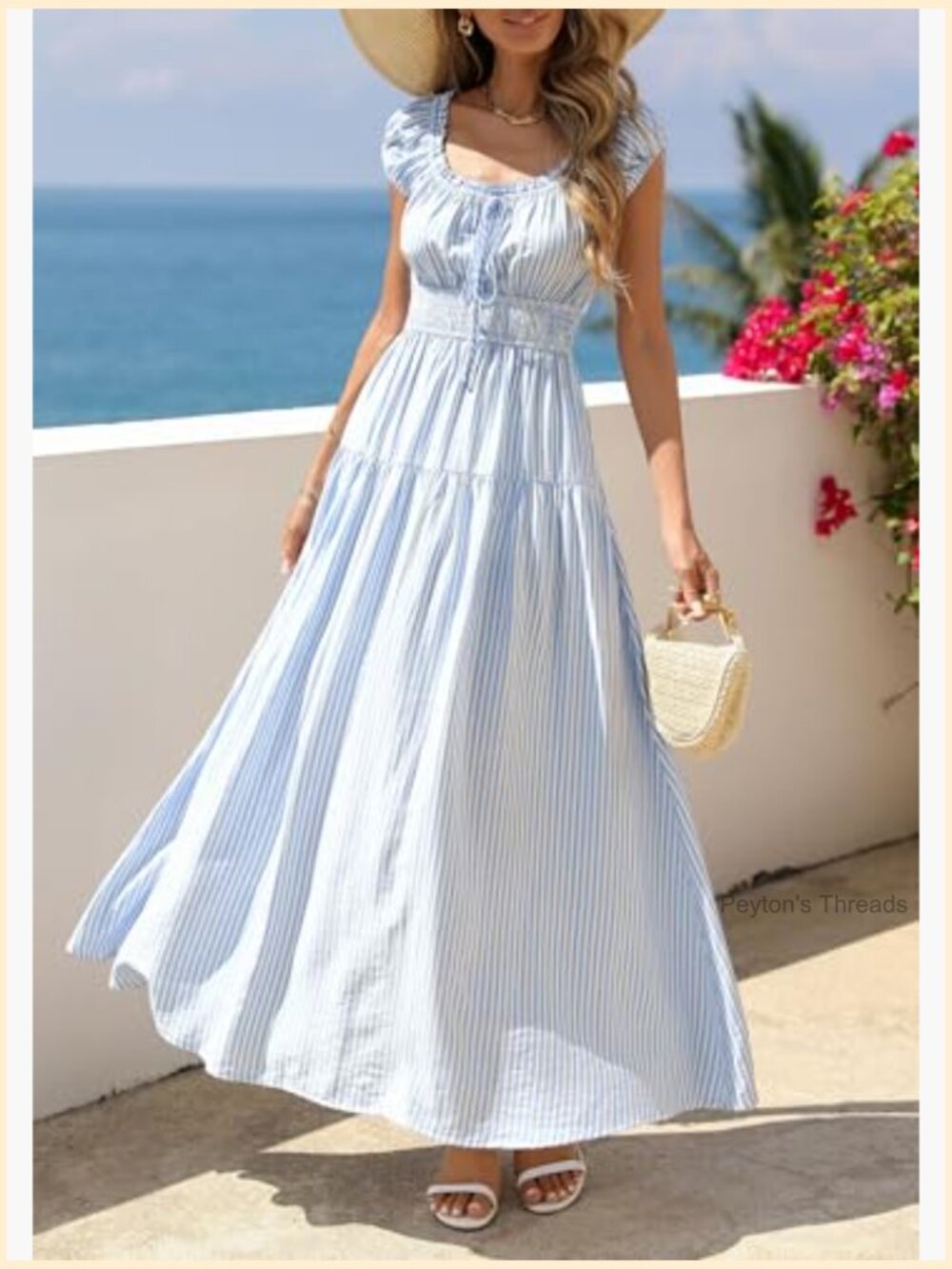 Boho Maxi Dress with Pockets Flowy Square Neck Cap Sleeve - Picture 6 of 7